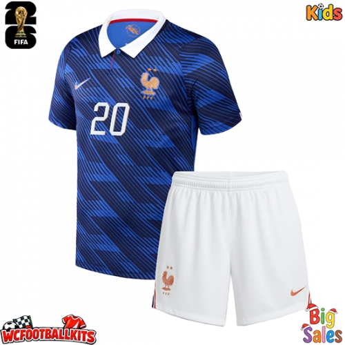France Desire Doue #20 Replica Home Stadium Kit for Kids World Cup 2026 Short Sleeve (+ pants)